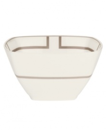 Metallic bronze lines curve to create a sleek geometric pattern on these small square bowls from Noritake dinnerware. The dishes in the Trieste collection are crafted in durable bone china and trimmed with platinum for fine dining or everyday use. Metallic bronze lines curve to create a sleek geometric pattern on these small square bowls from Noritake dinnerware. The dishes in the Trieste collection are crafted in durable bone china and trimmed with platinum for fine dining or everyday use.