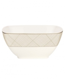 Dressed in a fine diamond grid of bronze and warm taupe, these medium square bowls are from Noritake dinnerware. The dishes in the Veneto collection are tailored for formal dining and everyday elegance in bone china. Dressed in a fine diamond grid of bronze and warm taupe, these medium square bowls are from Noritake dinnerware. The dishes in the Veneto collection are tailored for formal dining and everyday elegance in bone china.