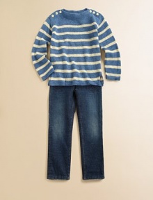 A preppy striped pattern accents an airy, open-weave sweater with precious anchor-embossed buttons for nautical-inspired charm.BoatneckLong sleevesShoulder buttonsEven vented hemLinenDry cleanImported A preppy striped pattern accents an airy, open-weave sweater with precious anchor-embossed buttons for nautical-inspired charm.BoatneckLong sleevesShoulder buttonsEven vented hemLinenDry cleanImported