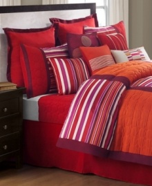 Make a bold statement in any room with this Trilogy comforter set, featuring an alluring array of colors and patterns. A brilliant red, pink and orange palette, distinctive stripes and luxe textures come together for a new take on modern.