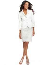 From top to bottom, this petite suit from Tahari by ASL is full of feminine touches like its pleated, gathered collar and a lacy overlay on the skirt. Pair with pretty heels and prepare to dazzle at your next occasion! From top to bottom, this petite suit from Tahari by ASL is full of feminine touches like its pleated, gathered collar and a lacy overlay on the skirt. Pair with pretty heels and prepare to dazzle at your next occasion!
