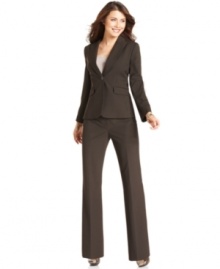 True style is in the details: Tahari by ASL's petite pinstriped pantsuit features tab-front trousers with a chic touch of faux leather on the waistband.