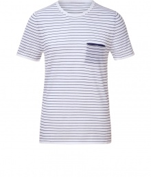 Luxe pullover in ultra-fine, white and blue striped cashmere - Lightweight and supremely soft material - Chic t-shirt style with round neck and short sleeves - Pocket detail at chest - Narrow cut ideal for layering - Pair with a blazer or sports coat and jeans or chinos