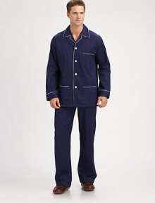 Contrasting trim adds definition and design to this nightwear essential woven in printed cotton. Cotton. Machine wash. Imported.SHIRTButton frontChest, hip pocketsPANTTwo-button elastic waistInseam, about 31 Contrasting trim adds definition and design to this nightwear essential woven in printed cotton. Cotton. Machine wash. Imported.SHIRTButton frontChest, hip pocketsPANTTwo-button elastic waistInseam, about 31