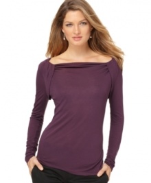 With feminine ruching details, T Tahari Cornelia top is a wear-with-everything wardrobe staple!