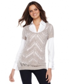 A sheer delight for fall: INC's short sleeve petite sweater, crafted from an open knit. (Clearance)