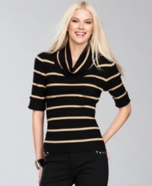 Cuff 'em! INC's metallic-stripe petite sweater features rhinestone buttons at the sleeves for added sparkle.