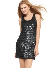 Tear-drop paillettes add flapper appeal to this mini from XOXO – a great party dress for occasions that call for a dose of vintage style! Tear-drop paillettes add flapper appeal to this mini from XOXO – a great party dress for occasions that call for a dose of vintage style!
