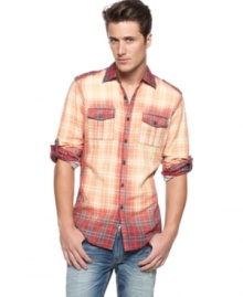 Put away your old plaid an make an upgrade with this modern take on the classic pattern from INC.