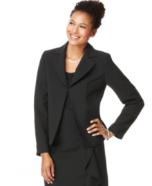 A single hidden hook-and-eye closure keeps things looking sleek and streamlined on this jacket, part of Kasper's collection of suiting separates. A single hidden hook-and-eye closure keeps things looking sleek and streamlined on this jacket, part of Kasper's collection of suiting separates.