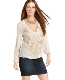 Golden trimming and breezy linen fabric create the most unique look! INC's tunic works with everything from white denim to a sexy skirt. Golden trimming and breezy linen fabric create the most unique look! INC's tunic works with everything from white denim to a sexy skirt.