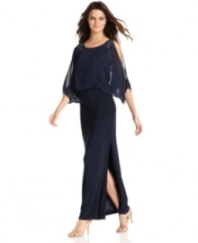 Xscape's petite evening gown is sheer modern elegance with its split sleeves, blouson-style bodice and beaded embellishments. A slit at the front leg was made to show off a pair of strappy heels. Xscape's petite evening gown is sheer modern elegance with its split sleeves, blouson-style bodice and beaded embellishments. A slit at the front leg was made to show off a pair of strappy heels.