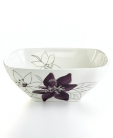 Hand-painted purple and white flowers sprawl across this serving bowl, giving your tabletop a contemporary garden vibe. In glazed earthenware, the Anna Plum set from the Laurie Gates collection of dinnerware and dishes is an easy way to spruce up your decor for small gatherings or quiet nights at home. Hand-painted purple and white flowers sprawl across this serving bowl, giving your tabletop a contemporary garden vibe. In glazed earthenware, the Anna Plum set from the Laurie Gates collection of dinnerware and dishes is an easy way to spruce up your decor for small gatherings or quiet nights at home.