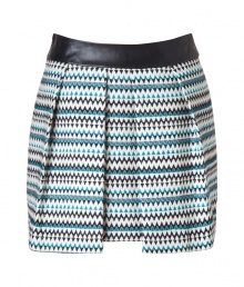 A leather waistband toughens up this bold, zigzag-printed pleated wool skirt from Milly - Wide black leather waistband, pleated, all-over zigzag print, exposed metal back zip closure - Mini length - Wear with a silk blouse, opaque tights, and embellished ballet flats