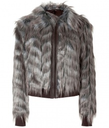 Inject a dramatic edge into your chic outerwear collection with Rachel Zoes ultra glam faux fur blouson jacket - Oversized spread collar, front zip, chocolate fitted ribbed cuffs and hemline - Cropped, fitted silhouette - Wear over luxe knits and trend favorite leather leggings