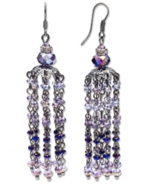 Definitely dramatic. A pretty purple hue defines these trendy tassel earrings from c.A.K.e. by Ali Khan. Made in mixed metal, they're embellished with sparkling crystals and rondelle glass beads. Approximate drop: 2-4/10 inches.