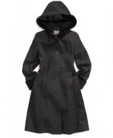 Out and about. When she's ready to head out into the cold and snow, she'll love the way this hooded wool-blend coat keeps her warm. Out and about. When she's ready to head out into the cold and snow, she'll love the way this hooded wool-blend coat keeps her warm.