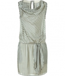 Causal day dress in grey silk - Sweet and modern white polkadot pattern - Cowl neckline - Sleeveless - Sexy one-button closure at back - Relaxed cut with straight skirt - Airy, light movement - Gentle tie at drop waist - Pair with flat sandals and cashmere sweater