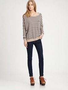 Finished with dropped shoulders and a slouchy shape, this cashmere boatneck has allover stripes that pair perfectly with your favorite skinny jeans. BoatneckDropped shouldersLong sleevesSingle front patch pocketRibbed cuffs and hemCashmereDry cleanImportedModel shown is 5'10 (177cm) wearing US size Small. Additional Information Women's Premier Designer & Contemporary Size Guide 