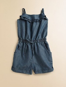 The cutest one-piece for your little girl, this lightweight ruffled romper is ready for stylish fun with adjustable straps, cuffed hem and pockets.Ruffled straight necklineAdjustable strapsPull-on styleBack elasticElastic waist with drawstring detailSide slash pocketsCuffed hem65% cotton/35% polyesterMachine washImported The cutest one-piece for your little girl, this lightweight ruffled romper is ready for stylish fun with adjustable straps, cuffed hem and pockets.Ruffled straight necklineAdjustable strapsPull-on styleBack elasticElastic waist with drawstring detailSide slash pocketsCuffed hem65% cotton/35% polyesterMachine washImported