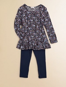 An allover mini floral pattern and a swingy A-line silhouette lend a pretty, playful air to this charming set. Tunic Scoop necklineLong sleevesA-lineRuffle hem Leggings Elasticized waistbandPull-on style96% rayon/4% spandexMachine washImported An allover mini floral pattern and a swingy A-line silhouette lend a pretty, playful air to this charming set. Tunic Scoop necklineLong sleevesA-lineRuffle hem Leggings Elasticized waistbandPull-on style96% rayon/4% spandexMachine washImported