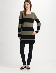 Bold stripes highlight this body-hugging silhouette, crafted from a luxe wool and cashmere knit.Scoopneck Long sleeves Ribbed trim Pullover style About 20 from natural waist 70% Merino wool/30% cashmere Dry clean Imported