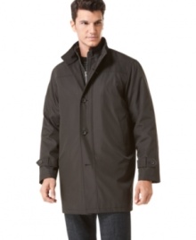 Tough enough for techie defense against Old Man winter and sophisticated enough for your morning commute, this slick DKNY raincoat is a go-to look any day of the week. Tough enough for techie defense against Old Man winter and sophisticated enough for your morning commute, this slick DKNY raincoat is a go-to look any day of the week.