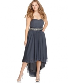 Steal the spotlgiht in Trixxi's strapless plus size dress, accentuated by a banded waist with rhinestone embellishments.