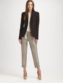 This crisp, slim-fitting style is tailored with a cuffed, cropped leg.Self waistbandZip fly with concealed tab closureCropped, cuffed legBack welt pocketsInseam, about 3054% wool/24% cotton/20% viscose/2% elastaneDry cleanImported of Italian fabricModel shown is 5'9½ (176cm) wearing US size 4. This crisp, slim-fitting style is tailored with a cuffed, cropped leg.Self waistbandZip fly with concealed tab closureCropped, cuffed legBack welt pocketsInseam, about 3054% wool/24% cotton/20% viscose/2% elastaneDry cleanImported of Italian fabricModel shown is 5'9½ (176cm) wearing US size 4.