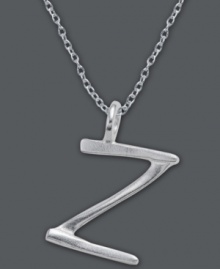 The perfect personalized gift. A polished sterling silver pendant features the letter Z with a chic asymmetrical design. Comes with a matching chain. Approximate length: 18 inches. Approximate drop: 3/4 inch. The perfect personalized gift. A polished sterling silver pendant features the letter Z with a chic asymmetrical design. Comes with a matching chain. Approximate length: 18 inches. Approximate drop: 3/4 inch.