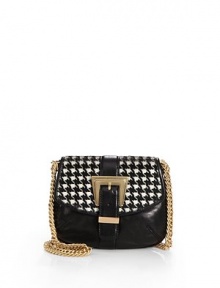 THE LOOKGoldtone shoulder chainHoundstooth printed calf hair flapBuckle strap front detailSnap flap closureOne inside open pocketInside logo tagTHE FITShoulder chain, 20 drop8½W X 7H X 1½DTHE MATERIALCalf hairLeatherFully linedORIGINImported THE LOOKGoldtone shoulder chainHoundstooth printed calf hair flapBuckle strap front detailSnap flap closureOne inside open pocketInside logo tagTHE FITShoulder chain, 20 drop8½W X 7H X 1½DTHE MATERIALCalf hairLeatherFully linedORIGINImported