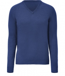 Quietly elegant and effortlessly cool, Jil Sanders gentian blue pullover raises the bar on everyday indispensables - Classic  v-neck style, in a soft, densely woven medium-weight Italian wool and camel hair blend - Rib trim at cuffs, collar and sleeves - Slim, straight cut - Versatile and polished, seamlessly transitions from work to weekend - Pair with slim trousers, chinos or dark denim