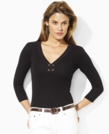 Crafted in tried-and-true waffle-knit cotton for lightweight comfort, this cozy three-quarter-sleeved essential from Lauren Jeans Co. exudes chic style with gold-tone hardware and lace-up detailing at the front.