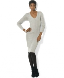 Lauren Ralph Lauren's essential V-neck dress is rendered in a sleek metallic cotton blend for unrivaled holiday twinkle. Lauren Ralph Lauren's essential V-neck dress is rendered in a sleek metallic cotton blend for unrivaled holiday twinkle.