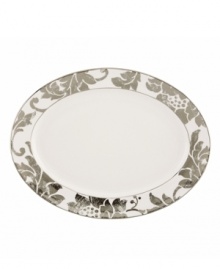 Mixing modern porcelain with antiqued blooms, the Lenox Silver Applique platter has a fresh, romantic style all its own. With platinum banding to elevate Thanksgiving turkeys and anniversary dinners with unforgettable elegance. Qualifies for Rebate