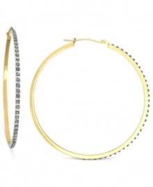 Round and resplendent. These hoop earrings are crafted from 14k gold with diamond accents providing a lustrous touch. Approximate diameter: 1-3/4 inches. Round and resplendent. These hoop earrings are crafted from 14k gold with diamond accents providing a lustrous touch. Approximate diameter: 1-3/4 inches.