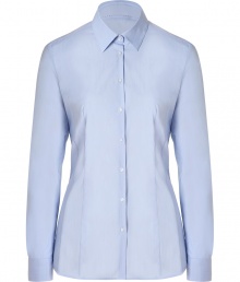 Detailed in a flattering blend of stretch cotton, Hugos feminine fitted shirt is a smart investment perfect for setting the foundation for workweek looks - Classic collar, long sleeves, buttoned cuffs, button-down front, tailored seaming, shirttail hemline - Figure-hugging cut - Wear with practically anything for a clean, tailored look