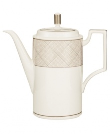 Dressed in a fine diamond grid of bronze and warm taupe, this coffee server is tailored for formal dining and everyday elegance. A hooked handle architects a unique silhouette to enhance more classic bone china essentials. Dressed in a fine diamond grid of bronze and warm taupe, this coffee server is tailored for formal dining and everyday elegance. A hooked handle architects a unique silhouette to enhance more classic bone china essentials.
