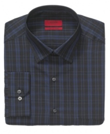 A casual look cleans up. Precision tailoring instantly elevates this fitted plaid shirt from Alfani. A casual look cleans up. Precision tailoring instantly elevates this fitted plaid shirt from Alfani.