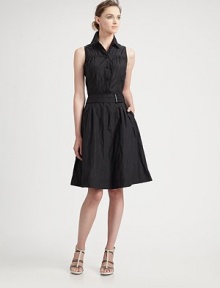 This sleeveless, full-skirted silhouette features trench-inspired tailoring.Shirt collarGathers at yokeButton frontSelf beltFull skirt with side slashesAbout 24 from natural waist52% cotton/43% polyamide/5% metallicDry cleanMade in Italy of imported fabricModel shown is 5'10 (177cm) wearing US size 4. 