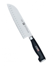 This Japanese sensation is truly the sharpest tool in the shed. Capable of slicing, dicing and mincing, the blade features a row of hollow indentations that prevent food from sticking to it as you work. Precision forged from a single piece of exclusive high-carbon, stain-free steel, the blade is razor-sharp and perfectly balanced for precision control. Lifetime warranty. This Japanese sensation is truly the sharpest tool in the shed. Capable of slicing, dicing and mincing, the blade features a row of hollow indentations that prevent food from sticking to it as you work. Precision forged from a single piece of exclusive high-carbon, stain-free steel, the blade is razor-sharp and perfectly balanced for precision control. Lifetime warranty.