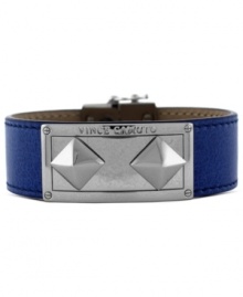 Sassy in sapphire. This leather snap bracelet from Vince Camuto has an edge to it. Featuring studs crafted from silver tone mixed metal and an ID plaque, it brings the right amount of attitude. Approximate length: 8 inches. Sassy in sapphire. This leather snap bracelet from Vince Camuto has an edge to it. Featuring studs crafted from silver tone mixed metal and an ID plaque, it brings the right amount of attitude. Approximate length: 8 inches.