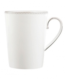 Wake up to fresh, luminous style with this fine china mug. From innovative designer Monique Lhullier, it features a platinum-edged tiered scallop pattern on creamy white. Wake up to fresh, luminous style with this fine china mug. From innovative designer Monique Lhullier, it features a platinum-edged tiered scallop pattern on creamy white.