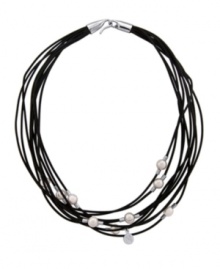 Traditional pearls encounter edgy elegance. This city chic necklace by Majorica features organic, man-made pearls (8-10 mm) strung on multiple black leather cords. Clasp crafted in sterling silver. Approximate length: 16 inches. Traditional pearls encounter edgy elegance. This city chic necklace by Majorica features organic, man-made pearls (8-10 mm) strung on multiple black leather cords. Clasp crafted in sterling silver. Approximate length: 16 inches.