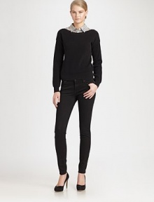 Attached, check-print point collar gives this cozy cotton sweater that layered look you've been craving. Attached point collar with button closuresBoatneckDropped shouldersLong sleevesBanded cuffs and hemCottonDry cleanImportedModel shown is 5'10 (177cm) wearing US size Small. Attached, check-print point collar gives this cozy cotton sweater that layered look you've been craving. Attached point collar with button closuresBoatneckDropped shouldersLong sleevesBanded cuffs and hemCottonDry cleanImportedModel shown is 5'10 (177cm) wearing US size Small.