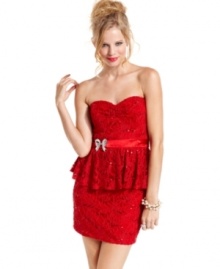 A fiery hue adds Lolita-like allure to this totally festive lace peplum dress from Roberta!