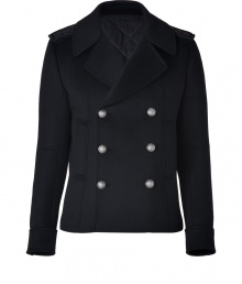 Exquisitely soft in luxurious cashmere with a warm quilted lining, Pierre Balmains double-breasted pea coat is a chic way to wear the iconic Balmain look in winter - Notched collar, long sleeves, buttoned cuffs, embroidered epaulettes, front slit pockets, quilted lining - Slim fit - Wear with tailored trousers and slick leather accessories