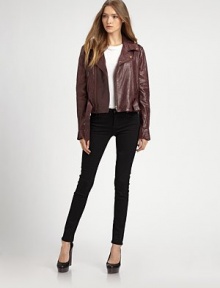 Rich, textured lambskin, closely cropped in classic biker style.Notched-collarEpaulettesAsymmetric zipper frontZip cuffsZip pocketsBelted waistAbout 18 from shoulder to hemLambskinDry clean by a leather specialistImportedModel shown is 5'9½ (176cm) wearing US size Small.OUR FIT MODEL RECOMMENDS ordering true size. Rich, textured lambskin, closely cropped in classic biker style.Notched-collarEpaulettesAsymmetric zipper frontZip cuffsZip pocketsBelted waistAbout 18 from shoulder to hemLambskinDry clean by a leather specialistImportedModel shown is 5'9½ (176cm) wearing US size Small.OUR FIT MODEL RECOMMENDS ordering true size.