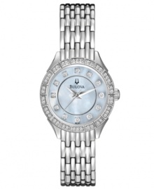 Treat a loved one -- or yourself -- to this elegant Crystal Dress collection watch from Bulova. Encrusted with shimmering crystal accents and printed with darling floral designs. Treat a loved one -- or yourself -- to this elegant Crystal Dress collection watch from Bulova. Encrusted with shimmering crystal accents and printed with darling floral designs.