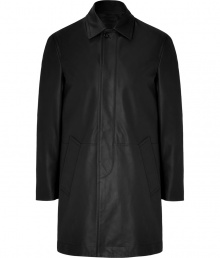 With an updated mod look, this Marc Jacobs leather coat brings luxe style to any ensemble - Spread collar, concealed front placket, flap pockets, button tab detailed cuffs - Pair with slim trousers, a cashmere pullover, and ankle boots